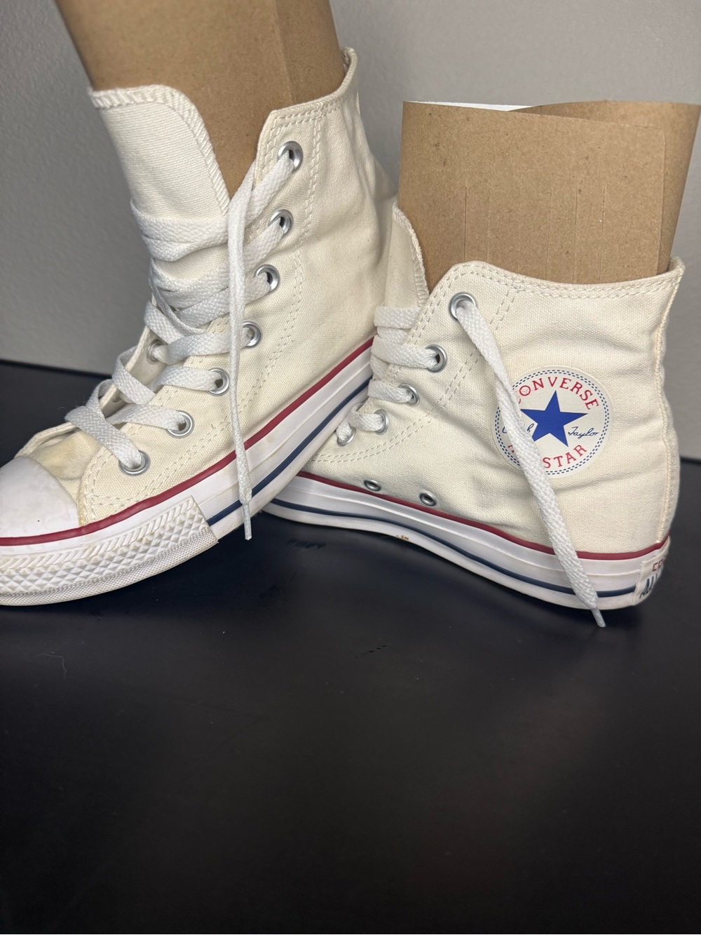 Converse Women’s 8/ Men’s 6 High Top Sneakers - Cream with Red & Blue Accents